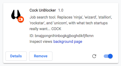 screenshot of Chrome browser extension Cock Unblocker