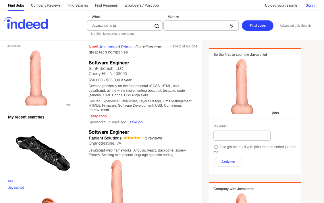 screenshot of Indeed website with javascript jobs and images of dildos