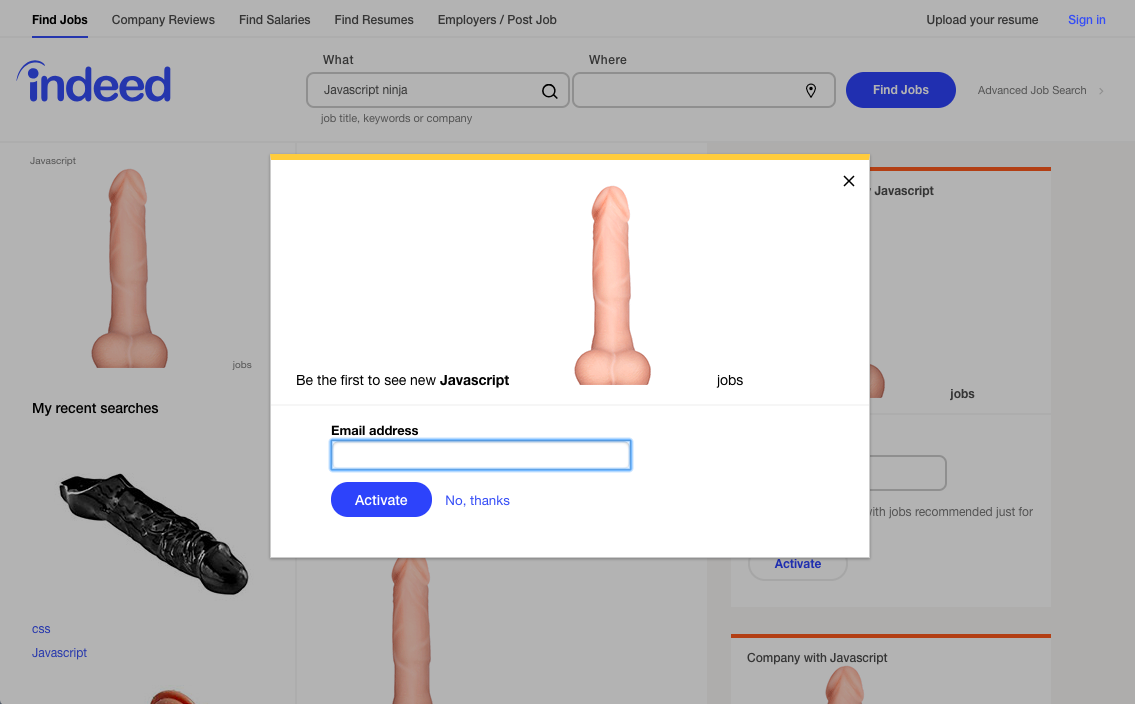 screenshot of Indeed website with javascript jobs and images of dildos