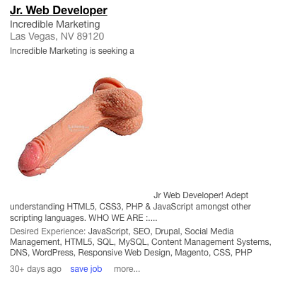 screenshot of Indeed website with javascript jobs and images of dildos